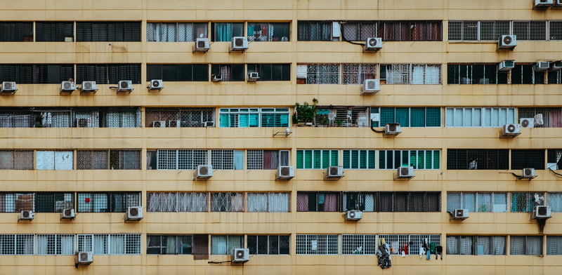 low angle view, home, downtown, yellow, facade, city, apartment building, no people, outdoors, apartment, shop, high rise, railing, white, day, office building