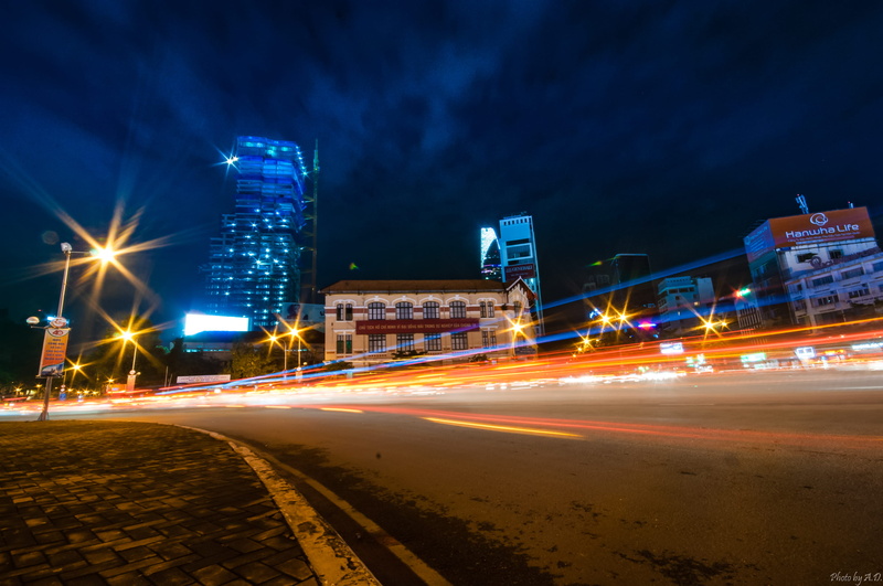 light, city, light trail, built structure, night, 2K, down town, skyscraper, office building exterior, illuminated, no people, speed, motion, road, long exposure