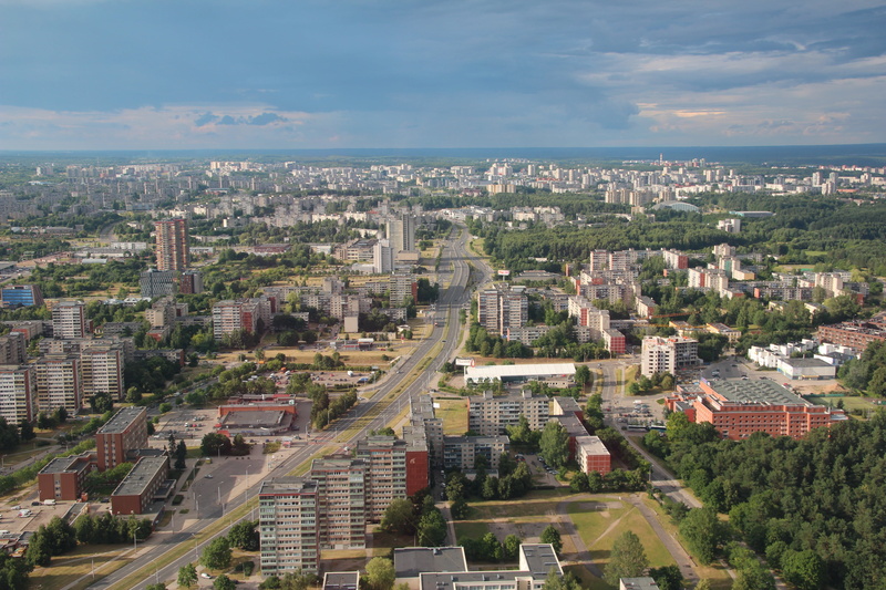 urban Scene, outdoors, tree, eastern europe, lithuania, skyscraper, built structure, high angle view, cityscape, transportation, cloud - sky, nature, sky
