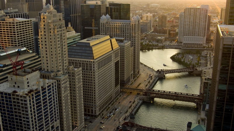 tall - high, tower, Chicago, building exterior, bridge - man made structure, high angle view, travel destinations, connection, 1080P, water, office, no people