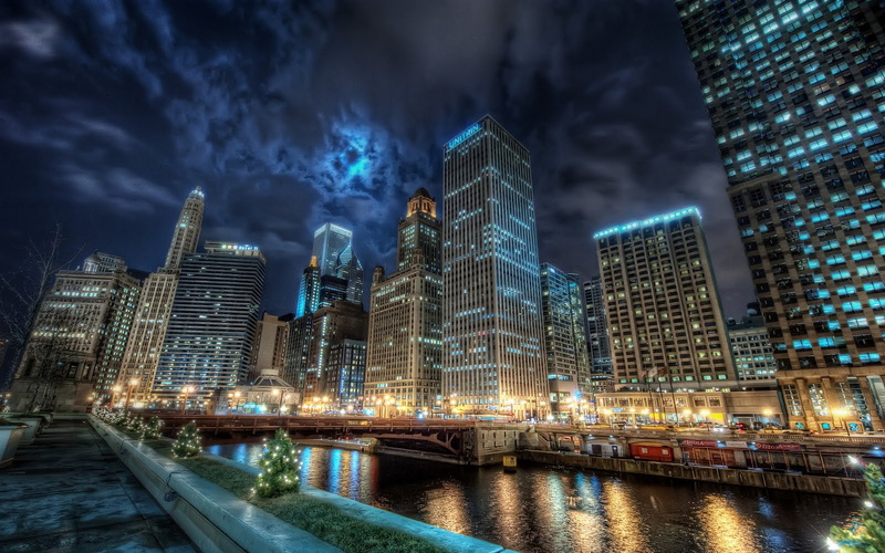 720P, buildings, dark sky, sky, chicago, dark, lights, street, cityscape, river, city, night