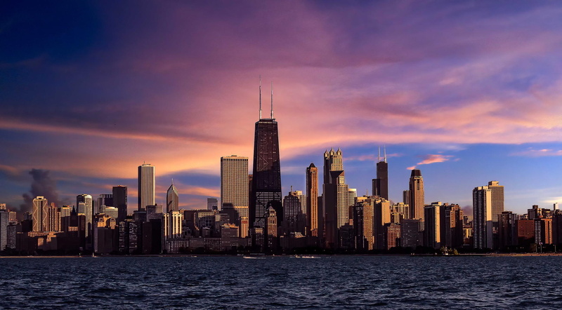 1080P, skyscrapers, Chicago, sunset, the evening, the city, river, Il