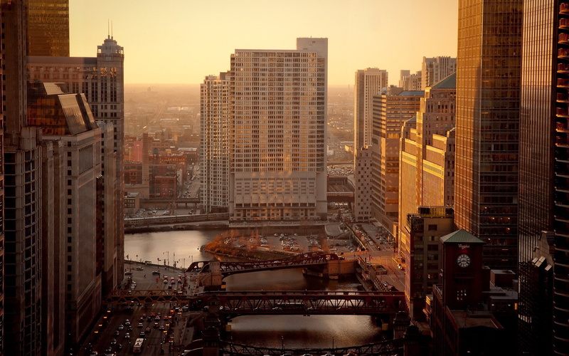 usa, river, sunrise, white, chicago, bridge, high, city, road, 1080P, rise, cityscape, building