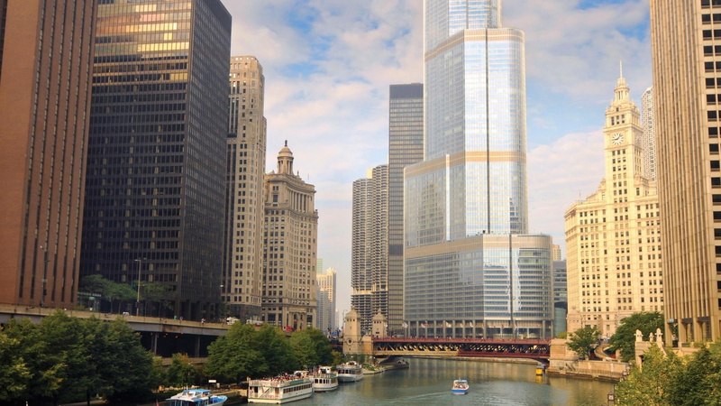 city, 1080P, boats, chicago, nature and landscapes, sightseeing, skyscrapers, river, bridge