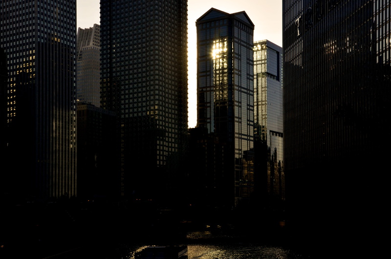 nature, river, night, sky, sun, financial district, built structure, residential district, cityscape, tower, building, united states, chicago, outdoors