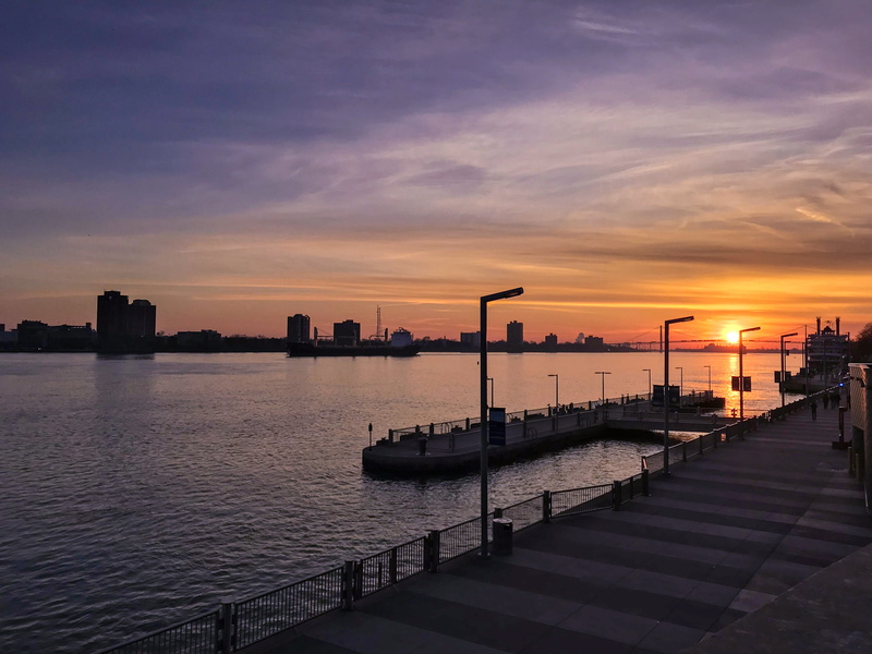 beauty in nature, candadian border, water, sky, sunset, bridge, colorful, transportation, riverwalk, building exterior, boardwalk, city, orange color, built structure