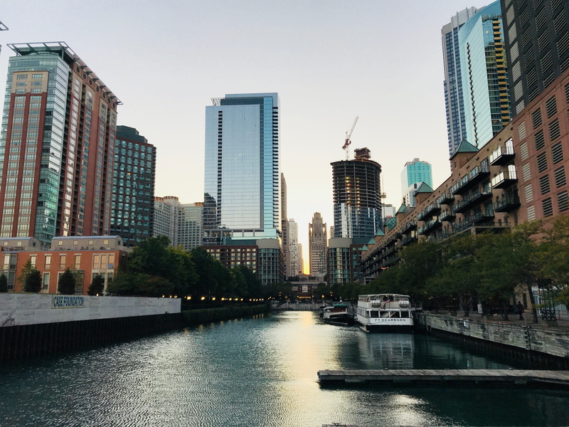 skyscraper, building, waterfront, united states, downtown, architecture, river, boat, sunset, office, office building exterior, riverwalk, outdoors, tall - high