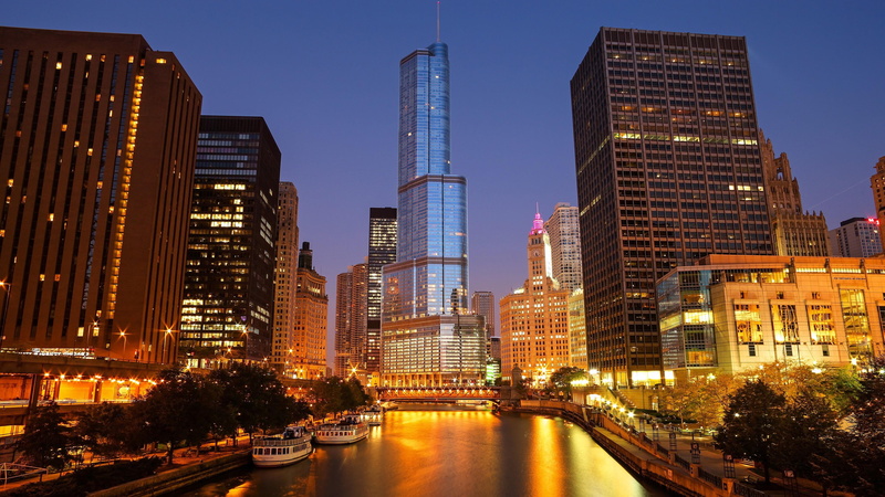 architecture, building exterior, urban skyline, illinois, building, chicago riverwalk, sky, skyline, united states, 4K, financial district, modern, outdoors