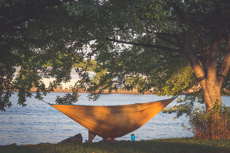 riverwalk pier, plant, water, non-urban scene, scenics - nature, outdoors, hammock, reflection, 4K, transportation, yellow, bay city, blue, rowboat, mode of transportation