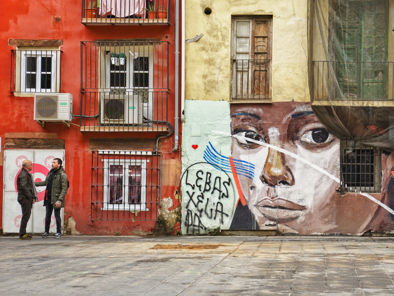 mural, door, city, people, white, street art, human representation, men, yellow, building, representation, talking, graffiti, beside, building exterior