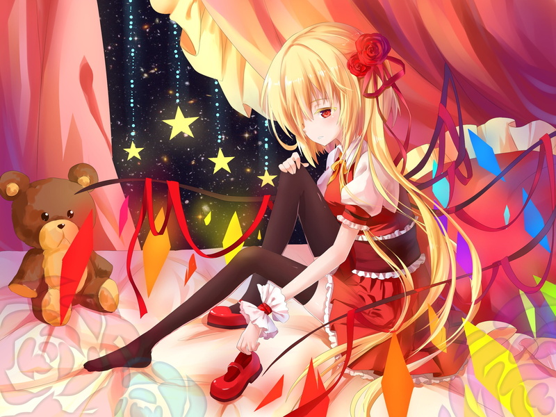 hair, bokeh, transistor, teddy, bear, ribbons, flandre, scarlet, wings, red, eyes, 2K, blonde, thighhighs, touhou