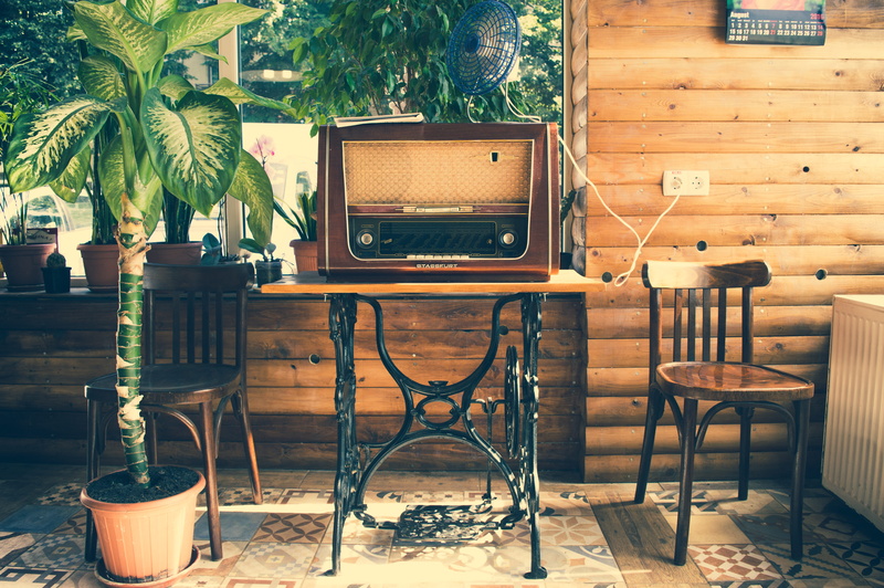 day, floor, empty, wood - material, plant, built structure, barber, transistor, furniture, flooring, seat, wood, brown, chair, radio, pot, wooden, indoors
