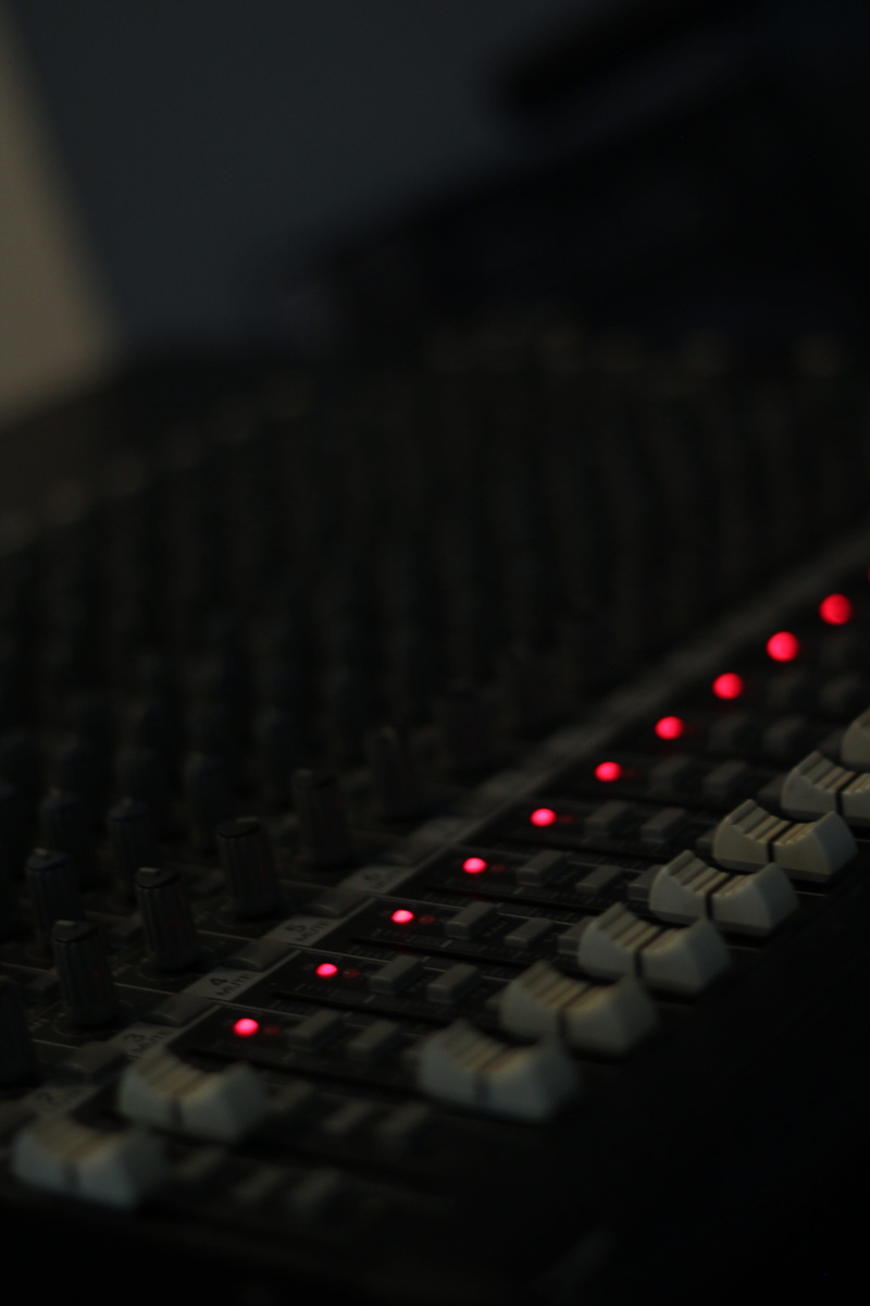 Fader, push button, keyboard, studio, close-up, dark, black color, sound recording equipment, Audio, arts culture and entertainment, indoors, selective focus
