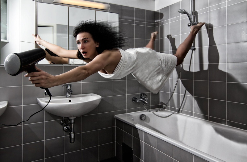 floating, brunette, hair dryers, tiles, bathroom, towel, women in bathroom, model, mirror, humor, 1080P, long hair, photo manipulation, women