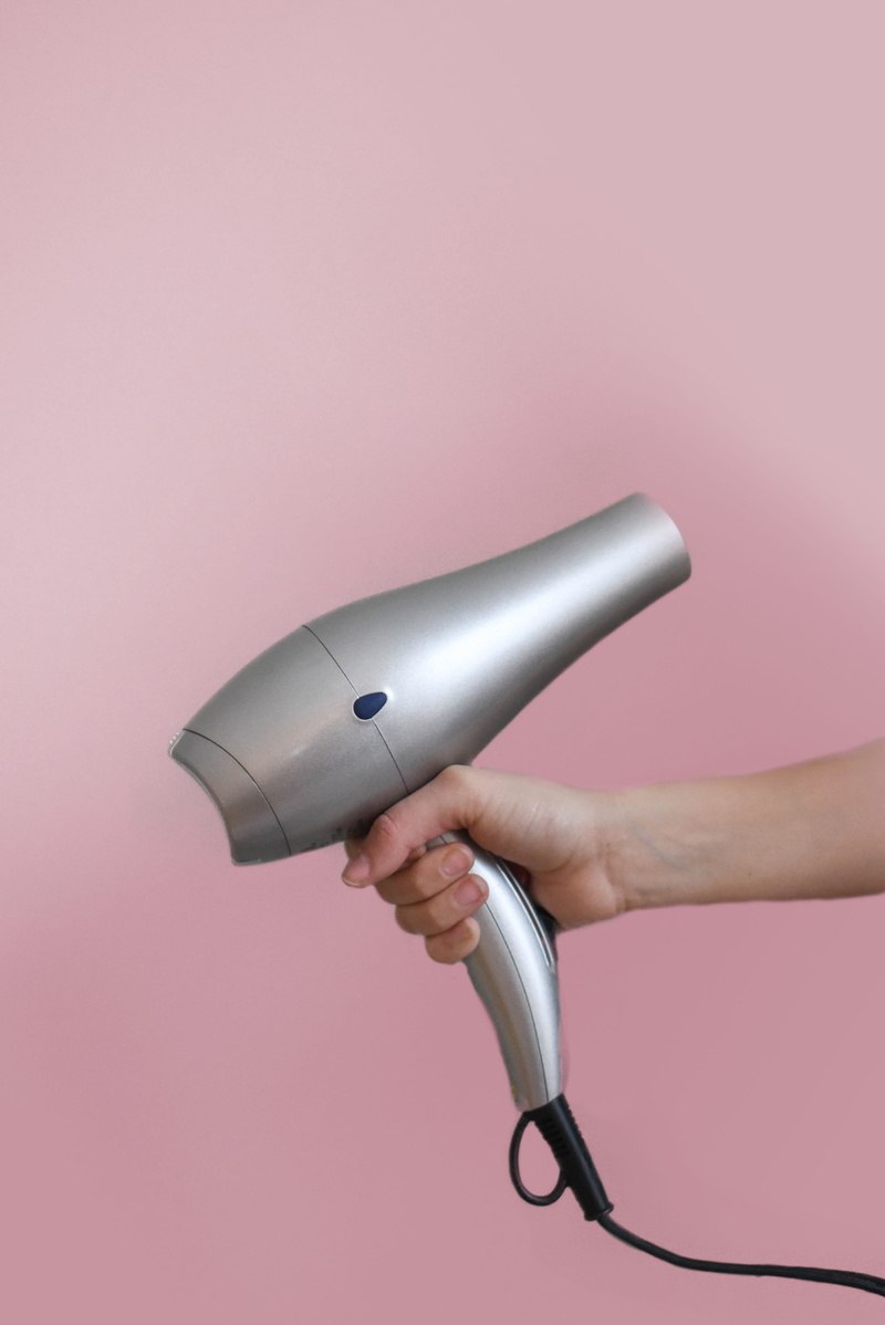 human body part, person, stylist, pink color, technology, pink background, hair, gray, close-up, holding, connection, metal, hairstyle, 5K, dryer, one person