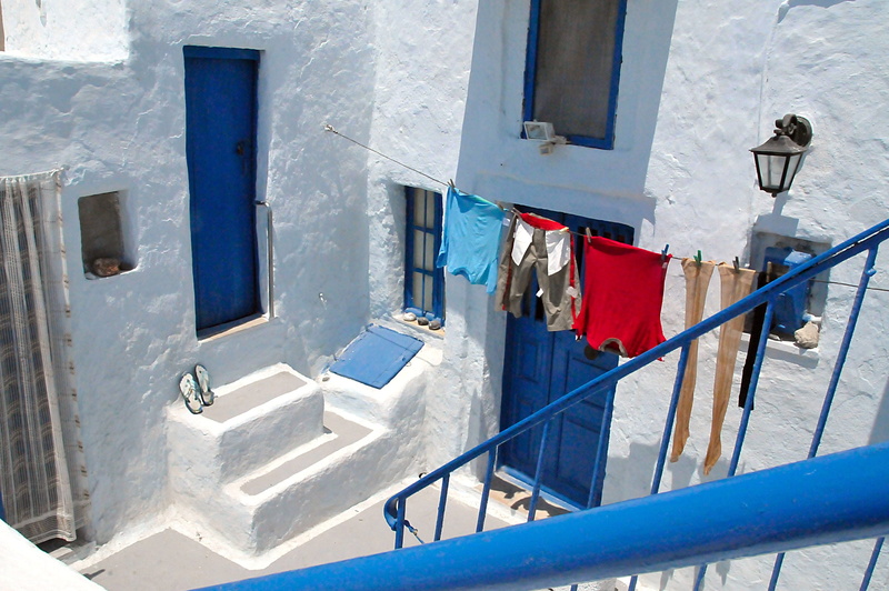 entrance, white color, railing, blue, window, hanging, laundry, Facade, building, Santorini, day, door, 2K, White, clothesline, drying, sunlight, low angle view