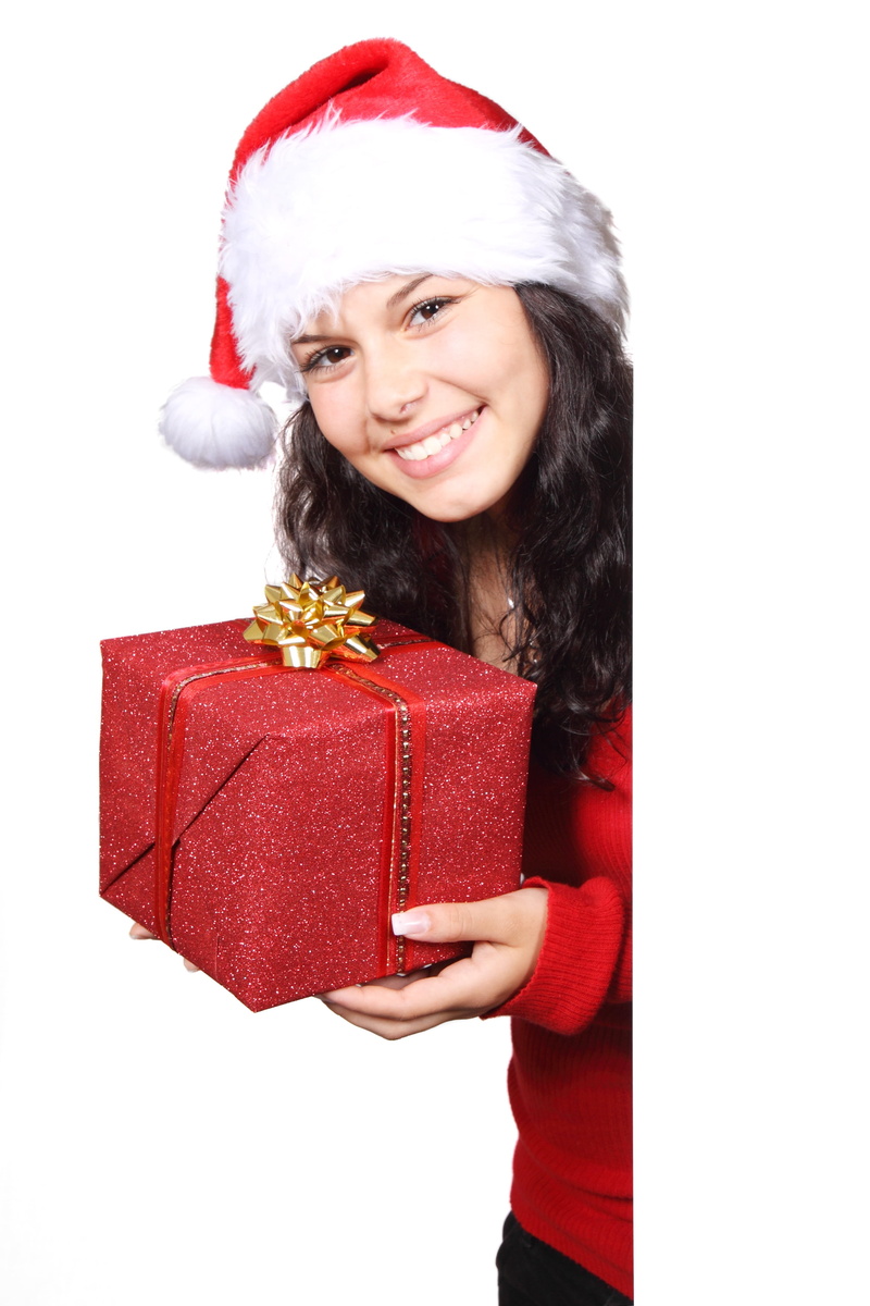 portrait, pretty, cut out, santa, celebration, happiness, smiling, gift box, red, white background, wearing, gift, board, studio shot, holding, claus, holiday