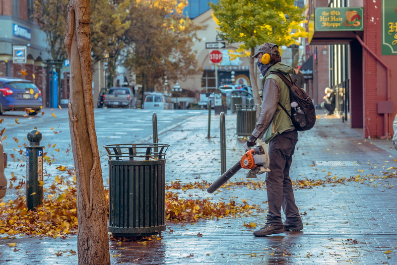 effort, architecture, side view, person, leaf, holding, lifestyles, working, full length, outdoors, footpath, autumn, street, road, town, one person, work