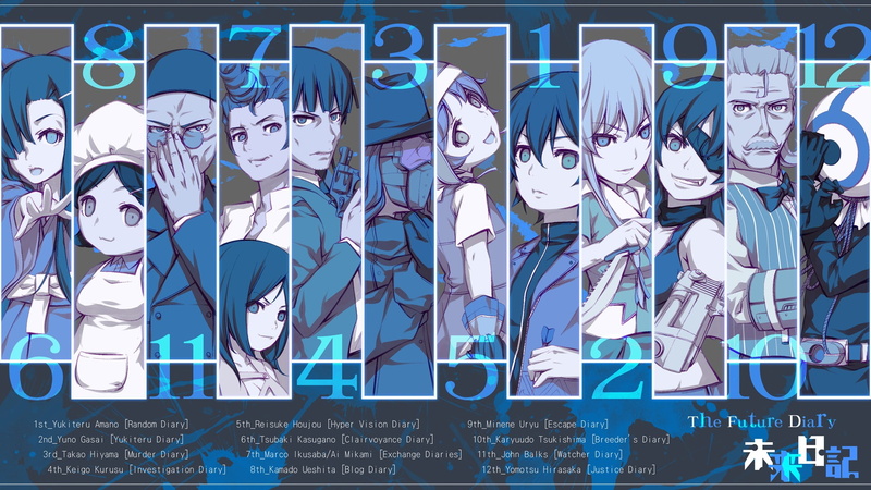 Mirai Nikki, Keigo Kurusu, Marco Ikusaba, Gasai Yuno, Tsubaki Kasugano, Amano Yukiteru, Karyuudo Tsukishima, John Balks, Ai Mikami, Takao Hiyama, Yomotsu Hirasaka