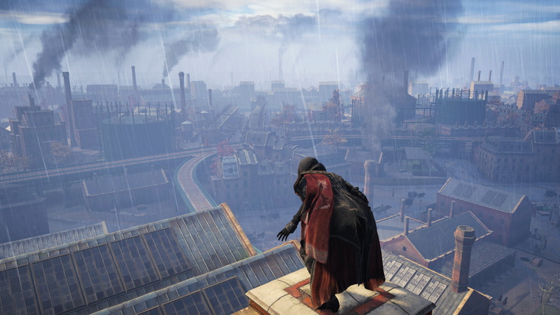 day, Abstergo, outdoors, 1080P, Evie Frye, office building exterior, clothing, rear view, one person, nature, smoke - physical structure, leisure activity
