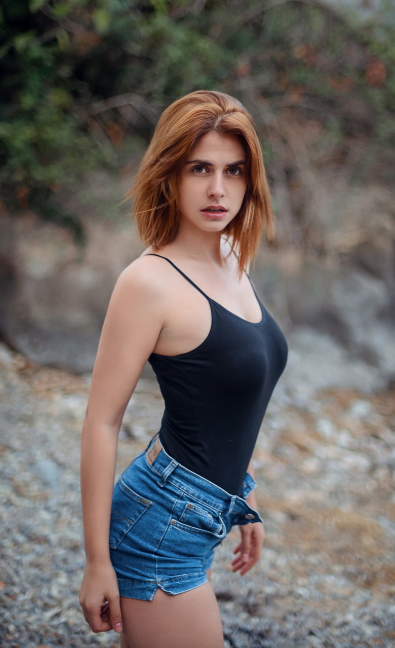 black tops, jean shorts, 720P, bokeh, tank top, photography, looking at viewer, portrait display, Nurettin Yıldırım, bare shoulders, depth of field, women