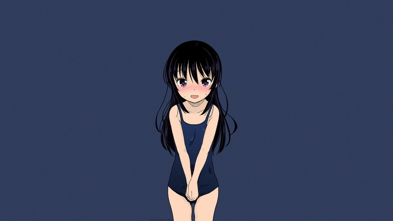 blue swimsuit, Fuyuno Mikan, shy, purple eyes, loli, anime, one-piece swimsuit, anime girls, manga, black hair, long hair, 1080P, blushing
