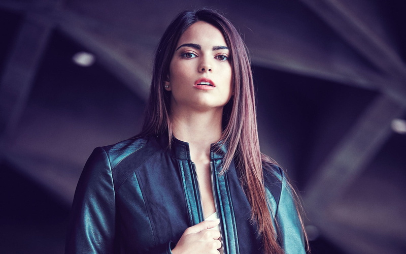 beautiful woman, portrait, leather jackets, front view, adult, focus on foreground, straight hair, hair, Kyra Santoro, young adult, women, looking, one-piece swimsuit