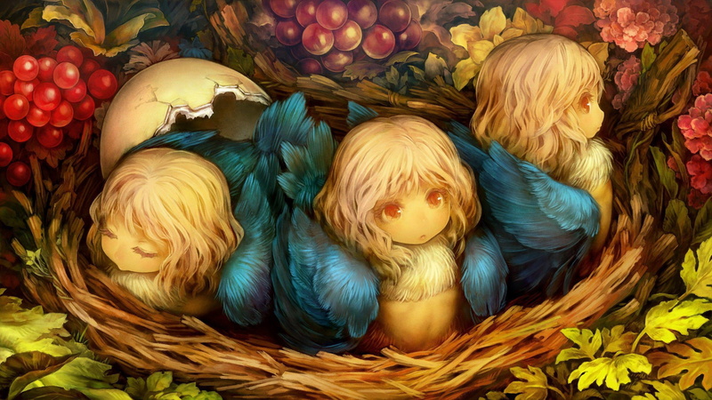 fantasy, 2K, girls, woman, bird, birds, egg, illustration, 2560x1440, nest