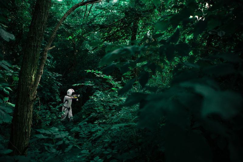 green, real people, 5K, day, plant, green color, night, spooky, man, costume, full length, dark, person, lush foliage, trees, tranquility, near, hiking