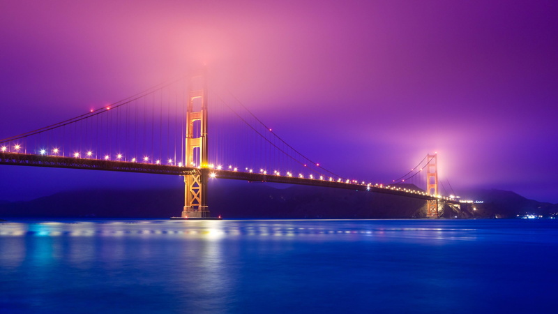 skyscraper, travel, sky, cityscape, suspension bridge, calm, no people, 4K, reflection, long exposure, bay, illuminated, golden gate bridge, sea, misty