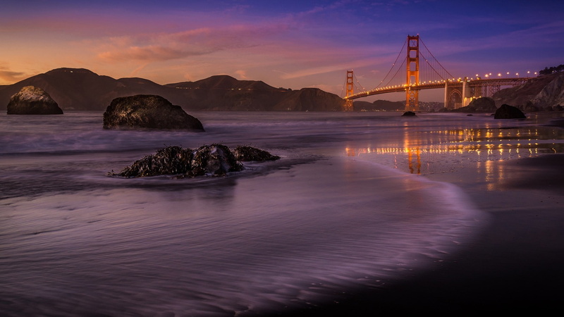 rock - object, cloud - sky, long exposure, bridge - man made structure, Golden Gate Bridge, outdoors, 1080P, sky, rock, sunset, built structure, sea, water