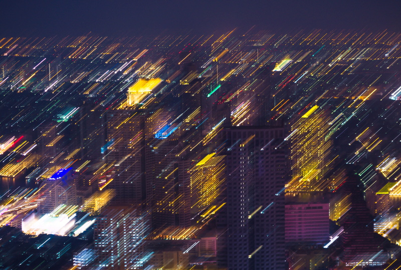 office building, office building exterior, outdoors, modern, high rise, city, scenery, sky, downtown, night, thailand, tower, full frame, no people, long exposure