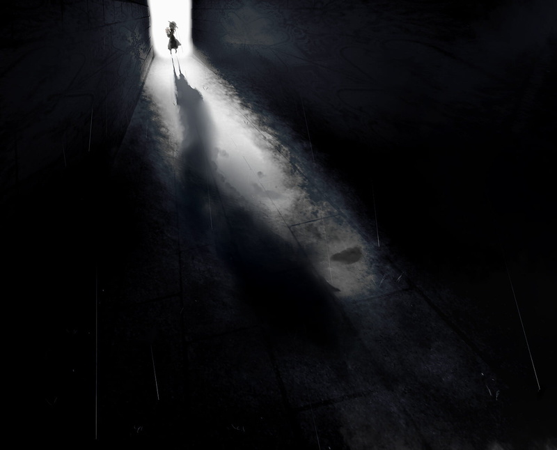 yoshioka, touhou, flowers, koishi, fear, dark, horror, adult, silhouette, focus on shadow, hat, motion, architecture, komeiji, 720P, mystery, unrecognizable person