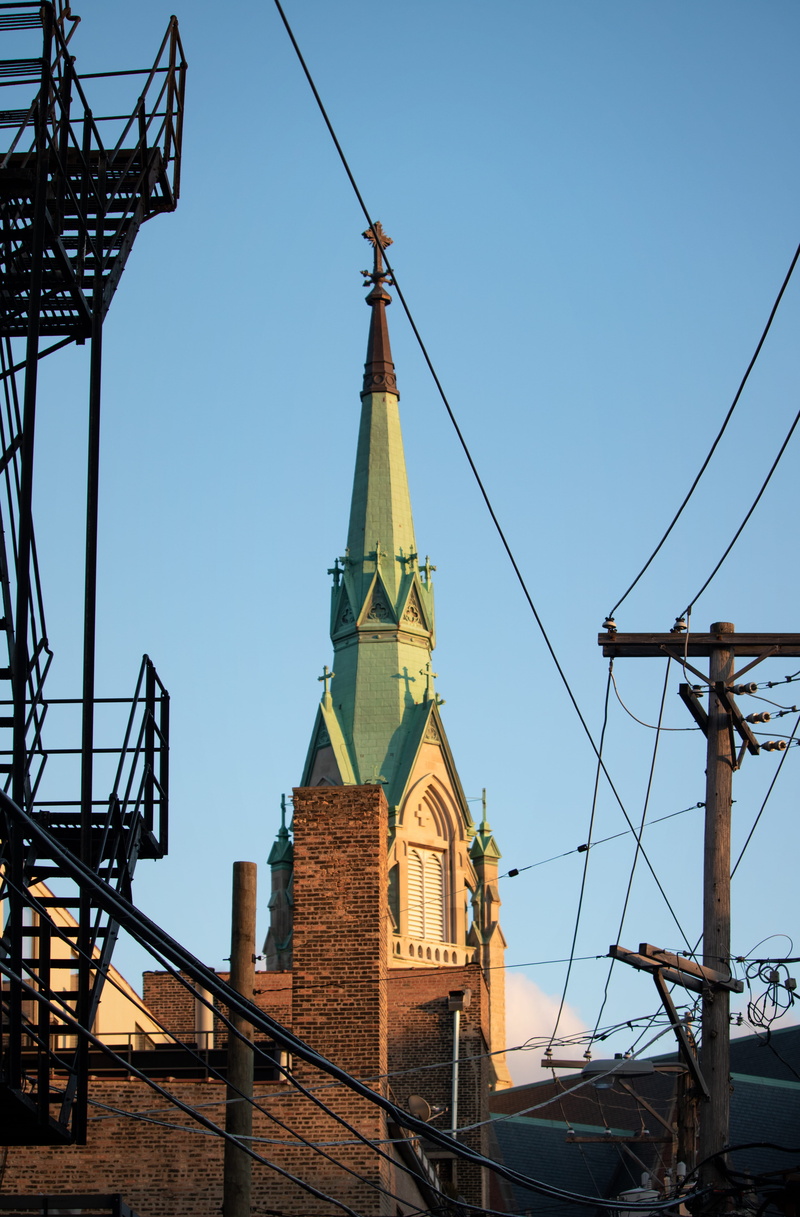 no people, low angle view, dusk, religion, back, cross, day, place of worship, power lines, blue, chicago, machinery, 5K, roof, alley, city, tower, sky