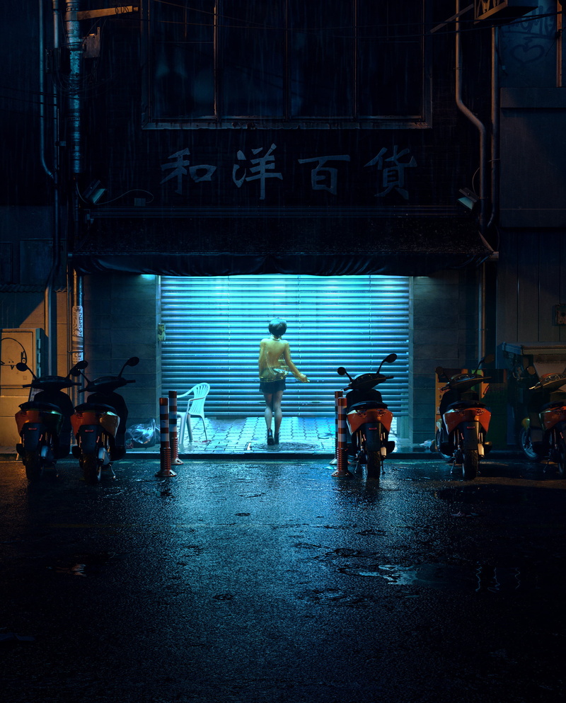 CGI, women, artwork, environment, street, night, 3D, digital art, urban, concept art, building, chair, realistic, 1080P, Romain Chauliac, rain, motorcycle