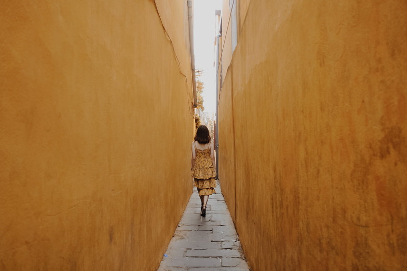 standing, full length, women, diminishing perspective, photo, leisure activity, casual clothing, person, narrow, door, yellow, day, yellow walls, vietnam