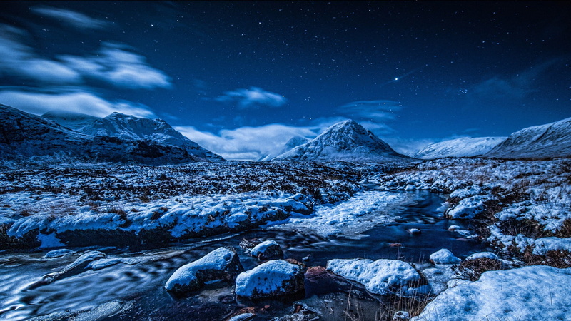 1080P, Night, Mountains, Winter, Landscape, Stream, Snow, Stars, Blue