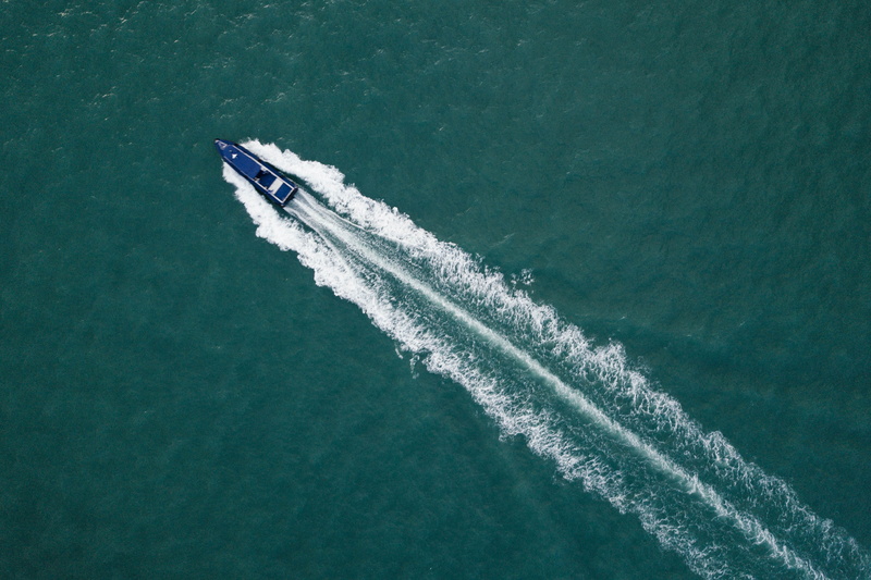 high angle view, airplane, blue, yacht, water, on the move, nautical vessel, sailboat, wave, motion, sea, 4K, fast, leaving, wave pattern, view, day, top