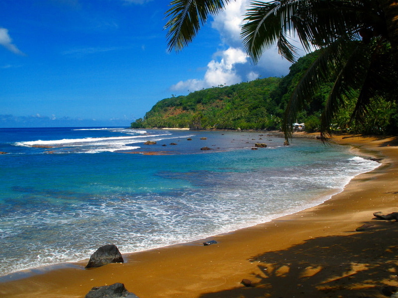 rocks, 480P, blue, beach, beaches, sky, sea, near, palm, seawater, water, blue sky, mountain, palm trees, body, beautiful, beautiful beaches, waves, trees