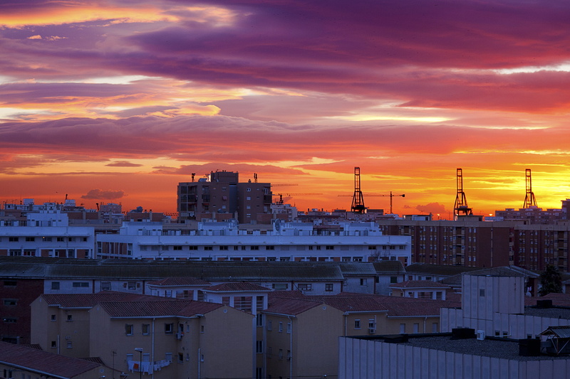 watercraft, málaga, red sky, built structure, buildings, business, angle, ocean liner, travel destinations, architecture, romantic sky, landscape, no people