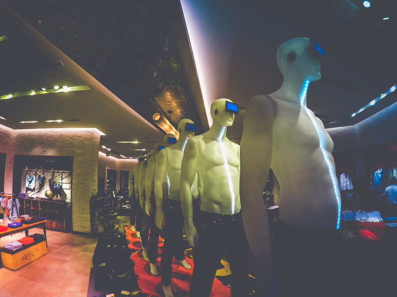 clothing, avenida mirador de querétaro, mannequin, retail display, illuminated, men, night, modern, boutique, variation, tech, store, representation, consumerism