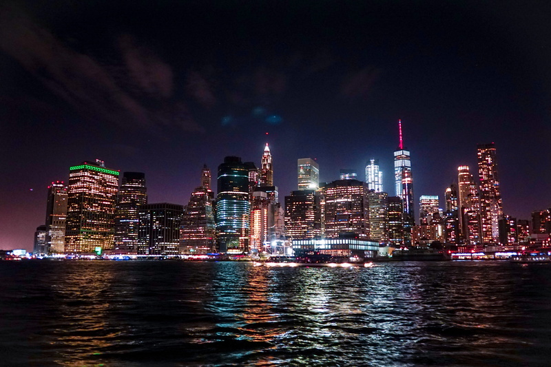 architecture, sky, skyscraper, landscape, waterfront, city, nature, sea, urban skyline, cityscape, office building exterior, manhattan, lights