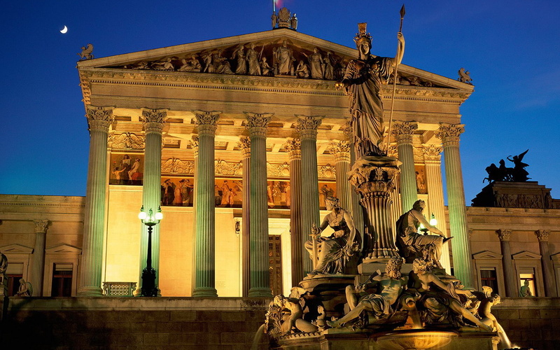 architecture, athena, austria, wien, 720P, building, pallas, parliament, fountain, night