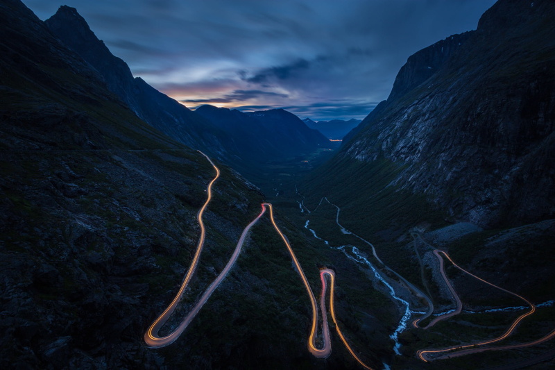 mountains, 1080P, gorge, excerpt, road, serpentine, light, night