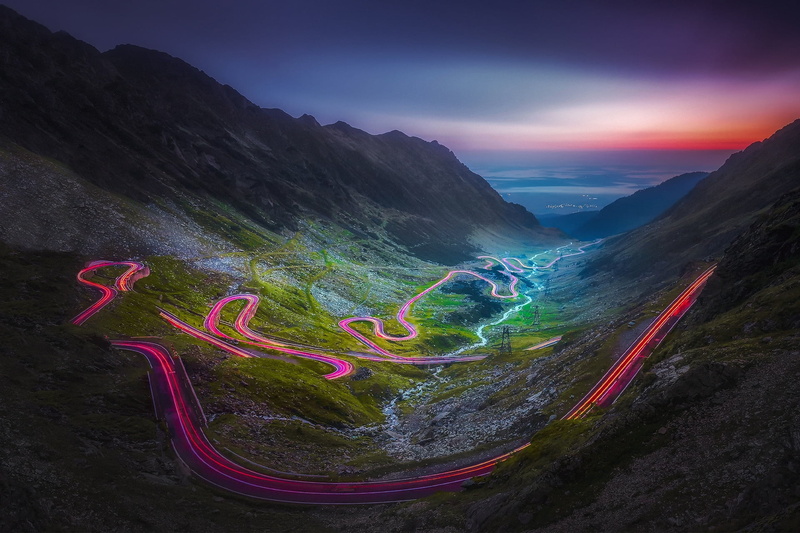 valley, 1080P, light, lights, road, the evening, mountains, excerpt
