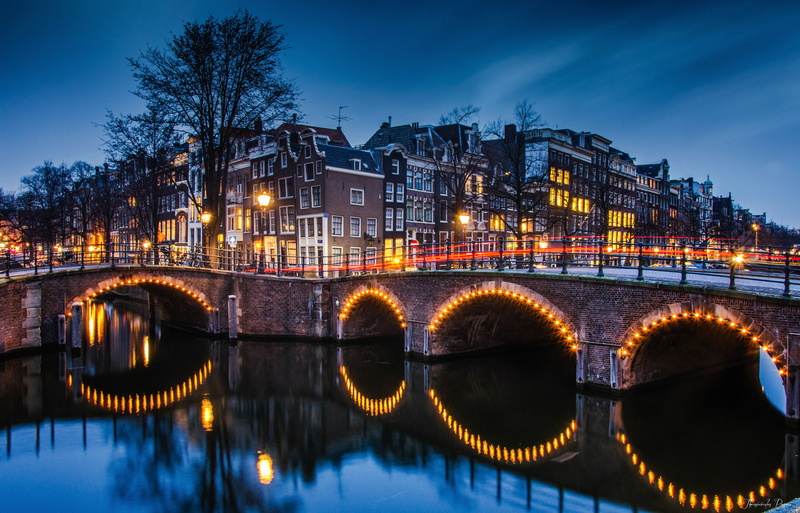 Amsterdam, bridge, the evening, excerpt, home, lights, channel, Netherlands, 1080P