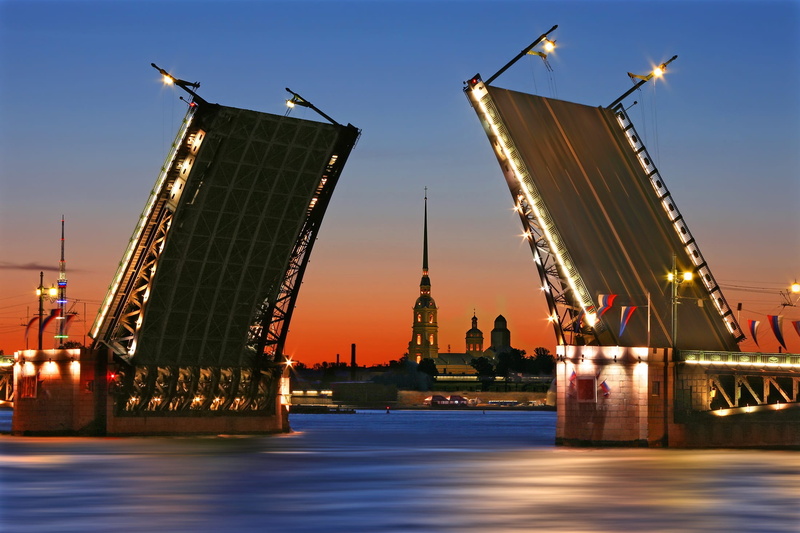 building, sankt petersburg, russian federation, st petersburg, closed bridge, no people, night, office building exterior, crane - construction machinery