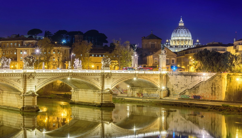 bridge, night, Italy, 1080P, river, lights, St. Peters Cathedral, The Tiber, Rome