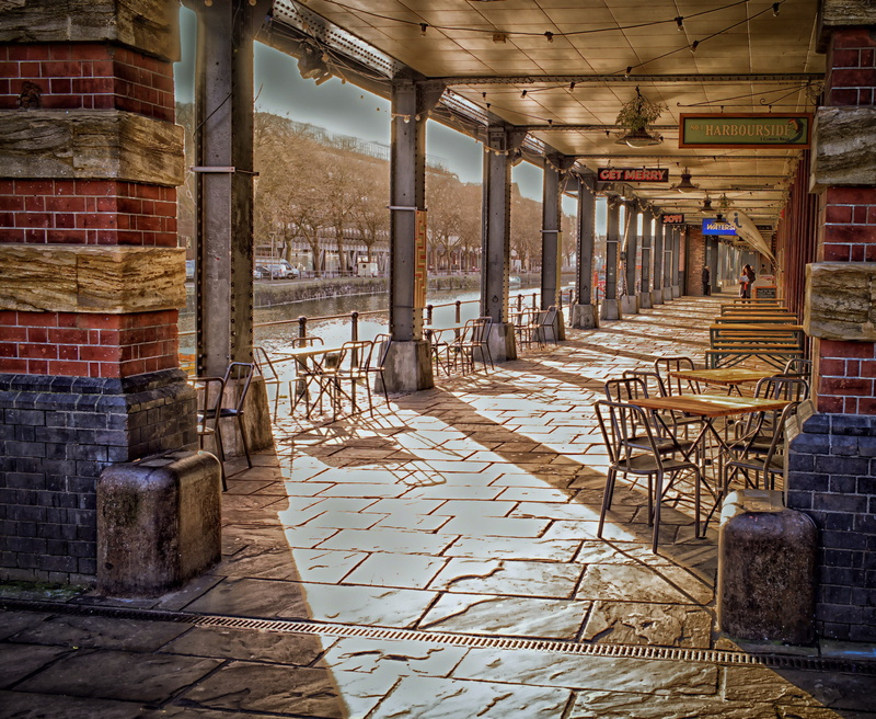 flooring, seat, architectural column, absence, sunlight, building, restaurant, Walkway, 2K, business, light, landmark, cityscape, entrance, bristol watershed