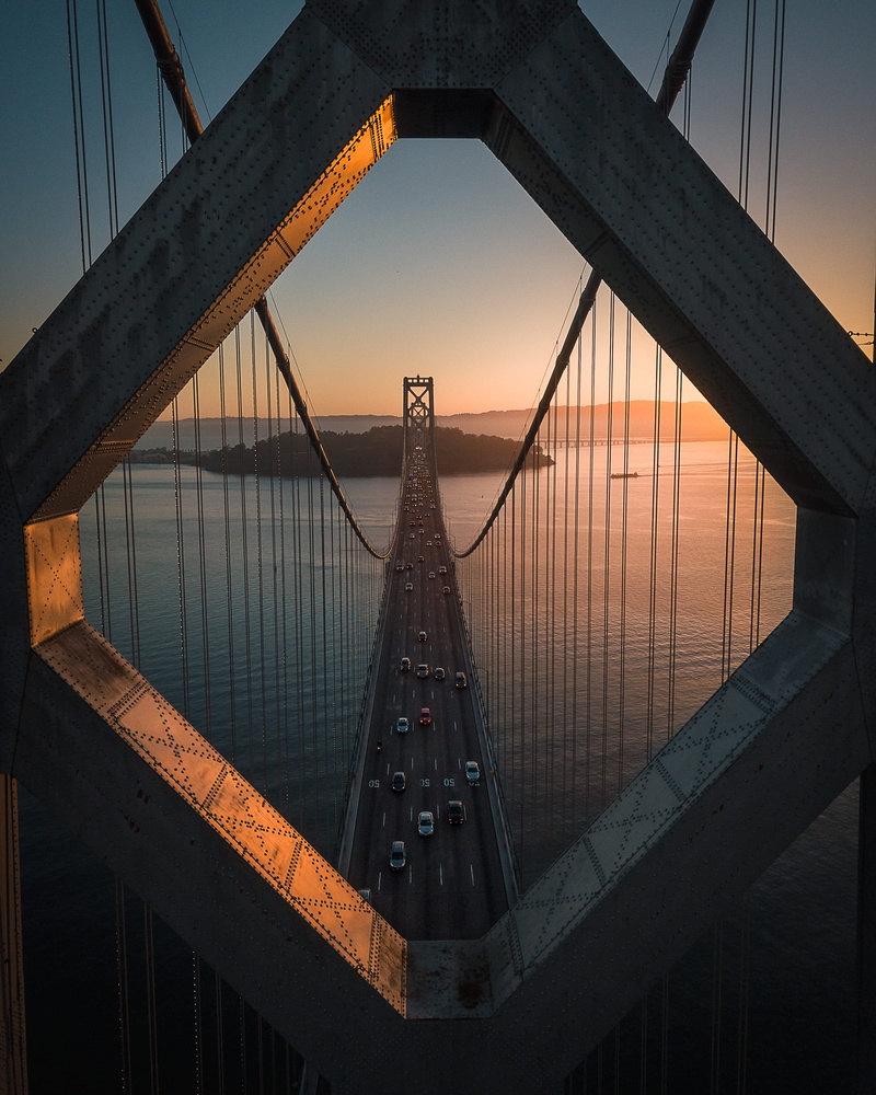 bridge, tower, bridge - Man Made Structure, downtown District, boat, sky, bridge - Vessel Part, commute, urban Skyline, river, framing, dusk, san fran